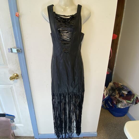 Y2K Black Faux Leather Maxi Dress Sleeves Whimsigoth Witch Cut Out Fringe XS - Picture 11 of 11